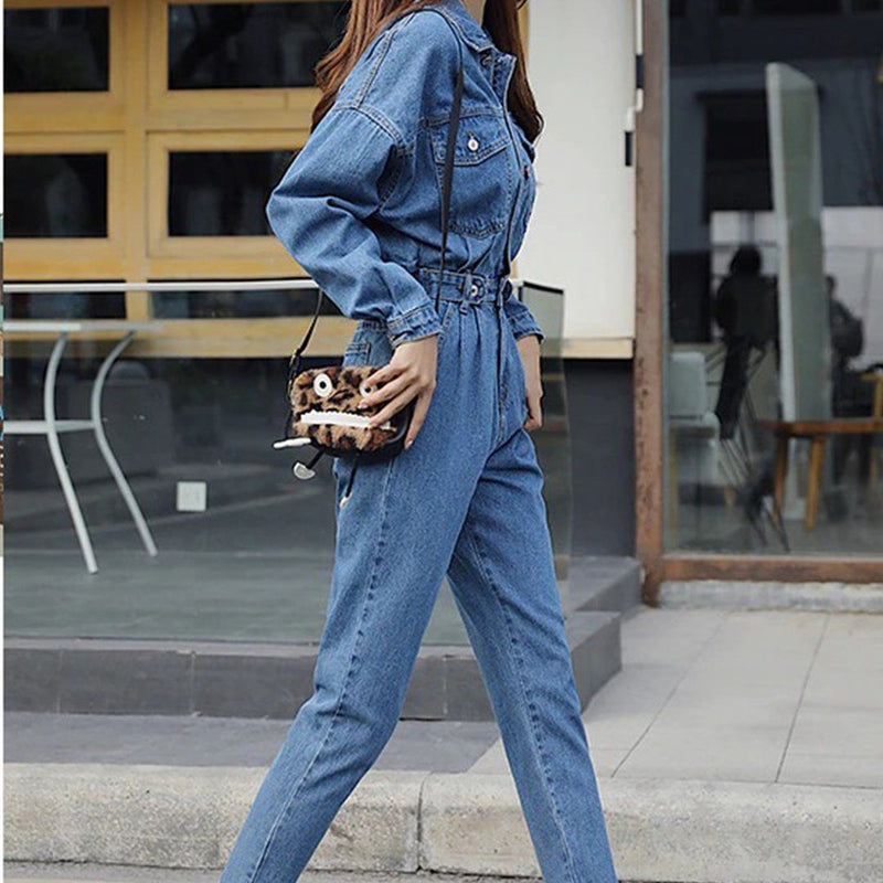 Long Sleeve Jeans Denim Jumpsuit Elastic Waist Jeans Rompers Overalls-Casual Jumpsuits & Rompers-Arimonz-Arimonz