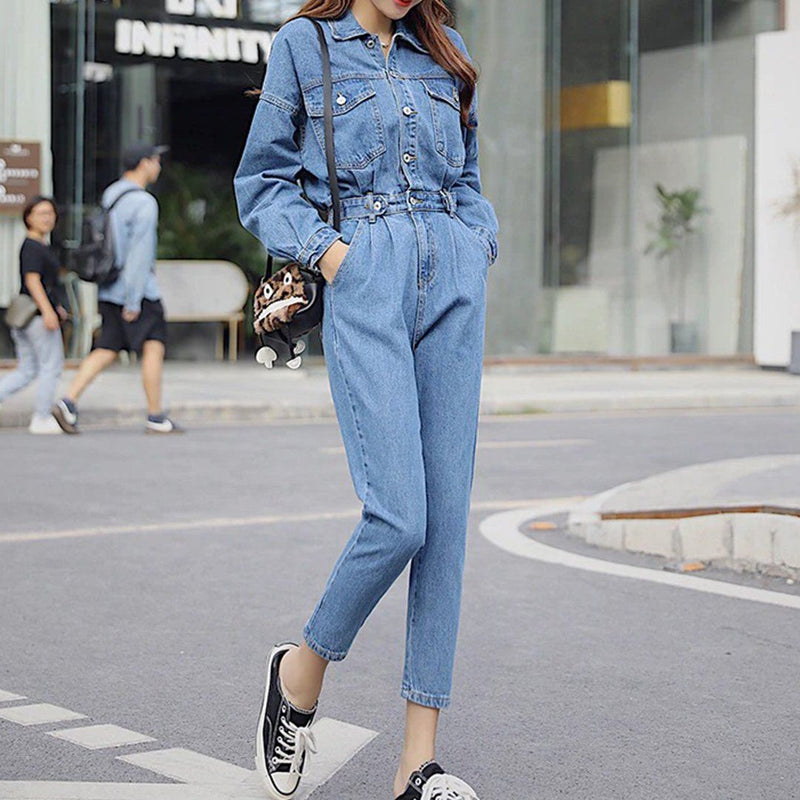 Long Sleeve Jeans Denim Jumpsuit Elastic Waist Jeans Rompers Overalls-Casual Jumpsuits & Rompers-Arimonz-S-Arimonz