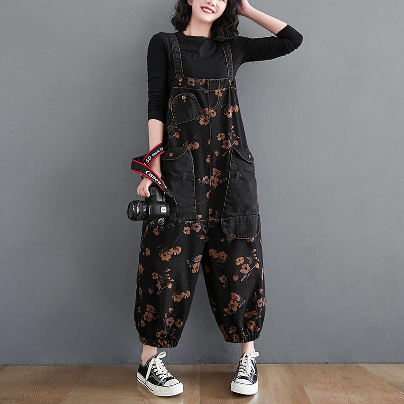 Loose Jeans Jumpsuit Women Casual Baggy Pants Floral Denim Overalls-Denim Jumpsuit-Arimonz-Arimonz