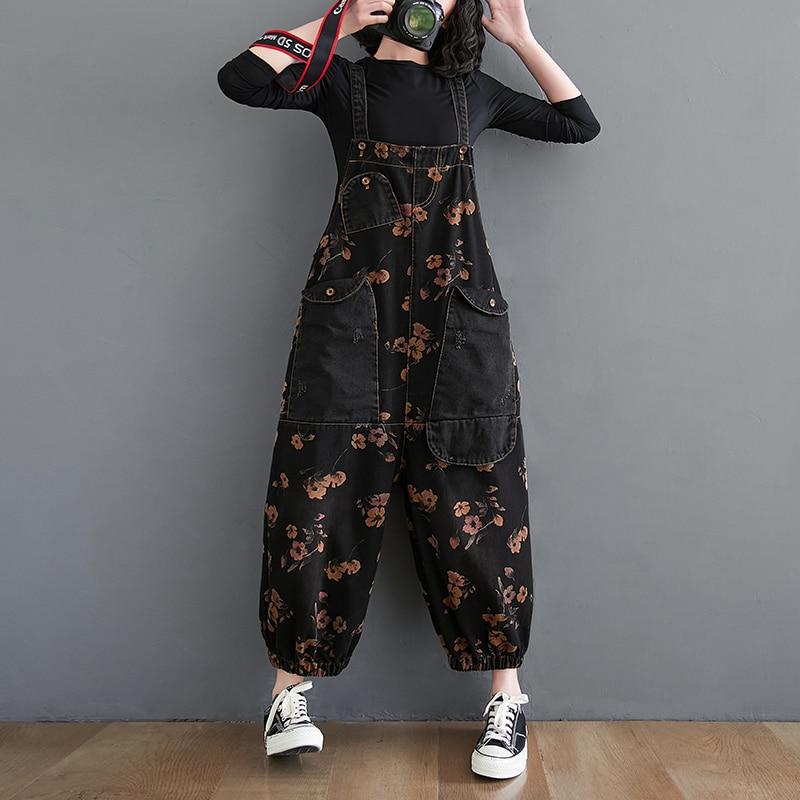 Loose Jeans Jumpsuit Women Casual Baggy Pants Floral Denim Overalls-Denim Jumpsuit-Arimonz-M-Arimonz