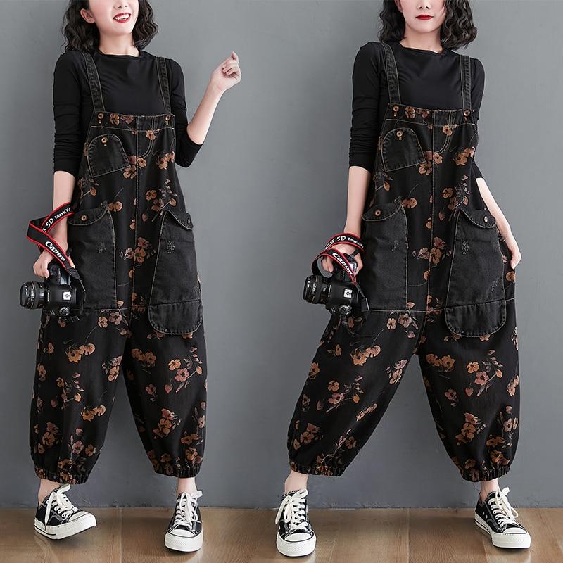 Loose Jeans Jumpsuit Women Casual Baggy Pants Floral Denim Overalls-Denim Jumpsuit-Arimonz-Arimonz