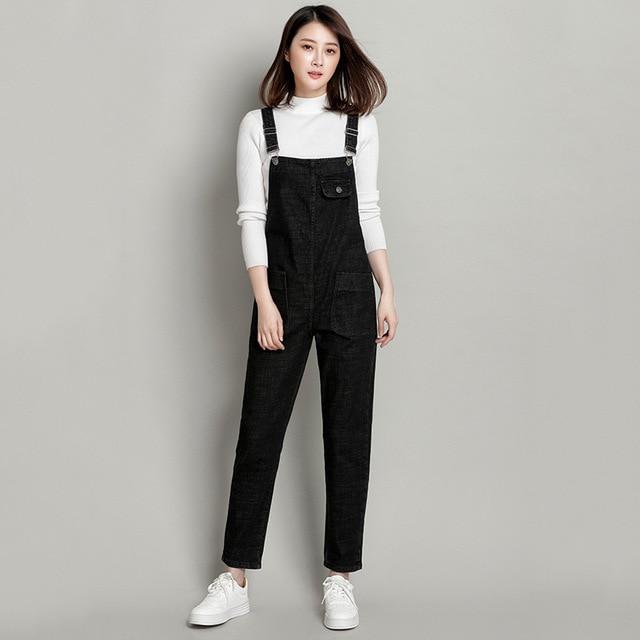 Loose Pocket Jeans Women Autumn Bib Pants Overalls Shoulder Jumpsuit-Denim Jumpsuit-Arimonz-Black-S-Arimonz