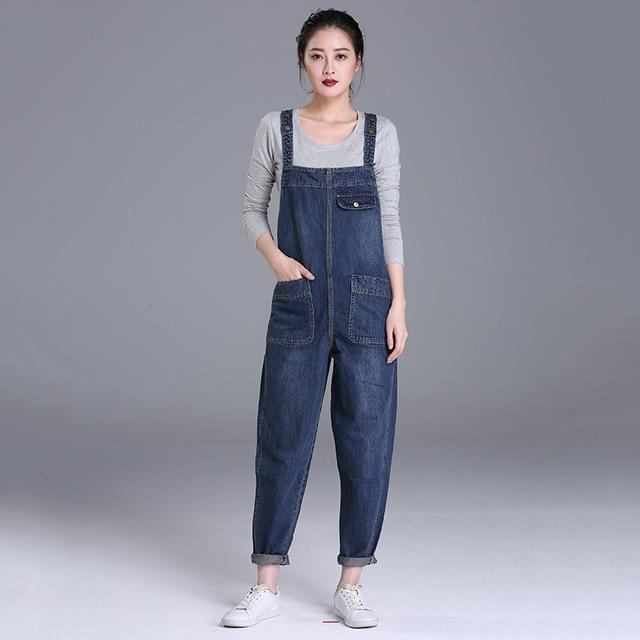 Loose Pocket Jeans Women Autumn Bib Pants Overalls Shoulder Jumpsuit-Denim Jumpsuit-Arimonz-Blue-S-Arimonz