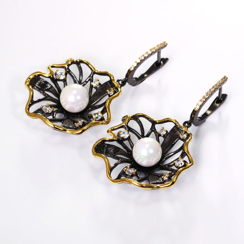 Lotus Flower Earrings Hollow Created Pearl Black Gold Color Earrings-Drop Earrings-Arimonz-Arimonz