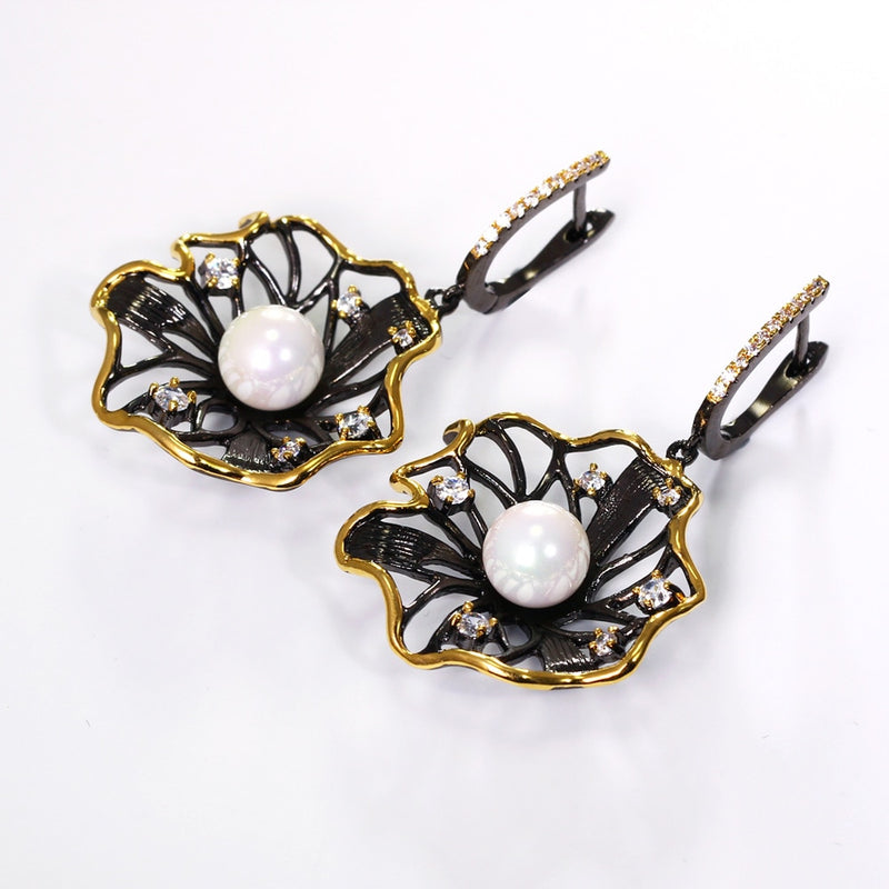 Lotus Flower Earrings Hollow Created Pearl Black Gold Color Earrings-Drop Earrings-Arimonz-Arimonz