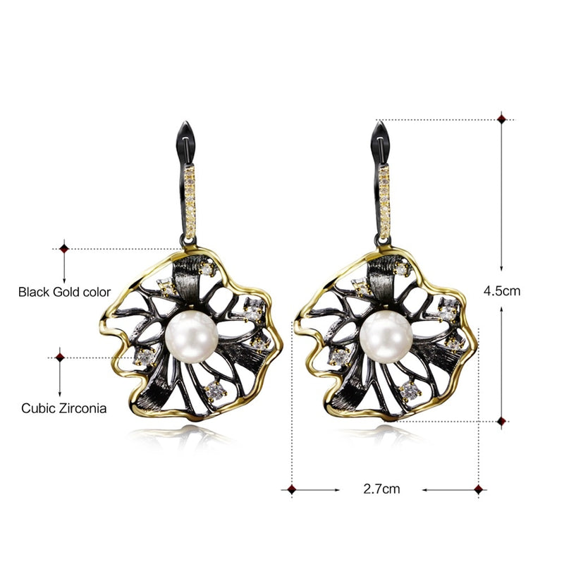 Lotus Flower Earrings Hollow Created Pearl Black Gold Color Earrings-Drop Earrings-Arimonz-Arimonz
