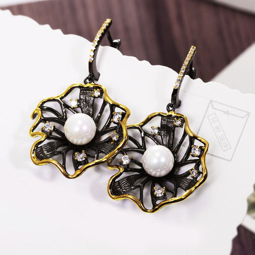 Lotus Flower Earrings Hollow Created Pearl Black Gold Color Earrings-Drop Earrings-Arimonz-Arimonz