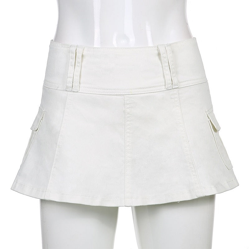 Low Waist Black Micro Skirts Streetwear Pockets Patchwork A-line Skirt-Denim Skirts-Arimonz-Arimonz