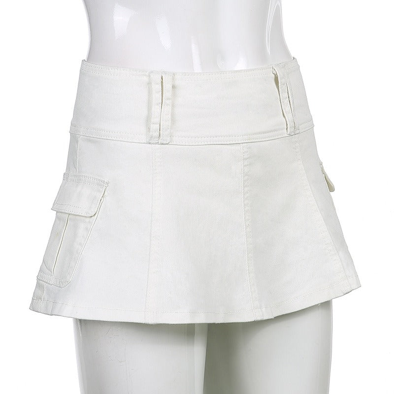 Low Waist Black Micro Skirts Streetwear Pockets Patchwork A-line Skirt-Denim Skirts-Arimonz-Arimonz