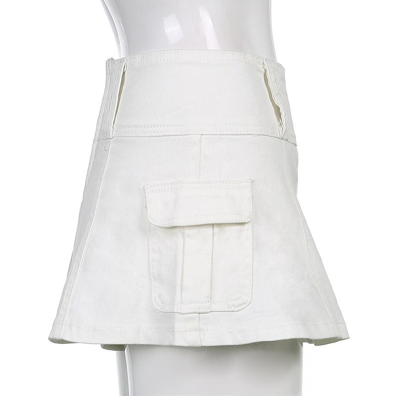Low Waist Black Micro Skirts Streetwear Pockets Patchwork A-line Skirt-Denim Skirts-Arimonz-Arimonz