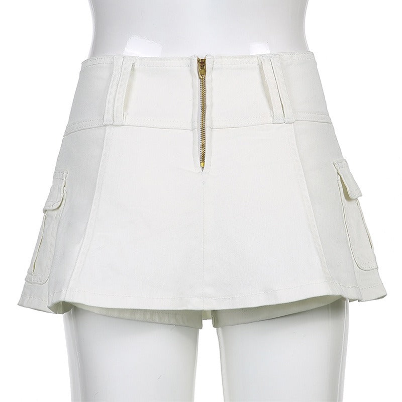 Low Waist Black Micro Skirts Streetwear Pockets Patchwork A-line Skirt-Denim Skirts-Arimonz-Arimonz