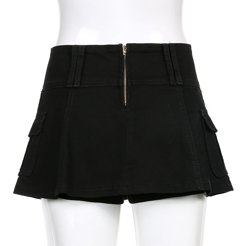 Low Waist Black Micro Skirts Streetwear Pockets Patchwork A-line Skirt-Denim Skirts-Arimonz-Arimonz
