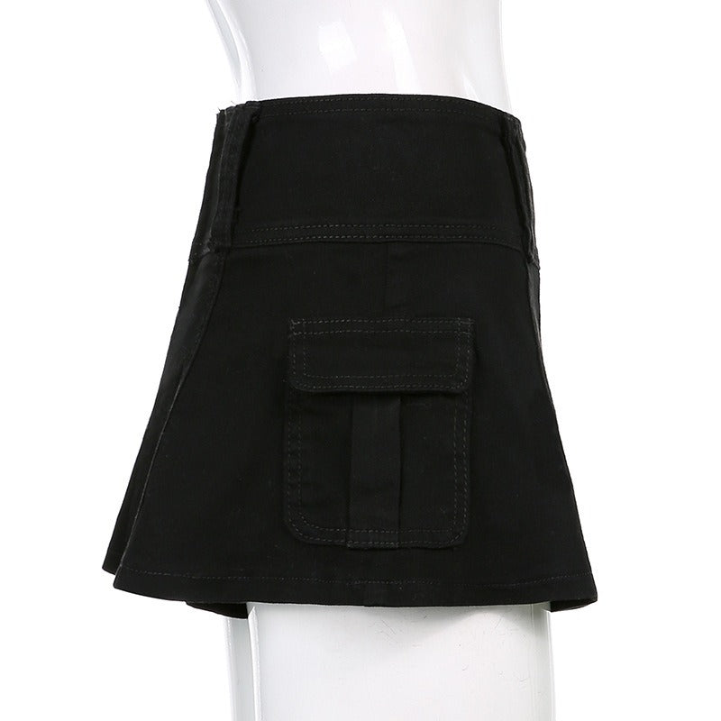 Low Waist Black Micro Skirts Streetwear Pockets Patchwork A-line Skirt-Denim Skirts-Arimonz-Arimonz