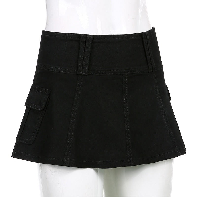 Low Waist Black Micro Skirts Streetwear Pockets Patchwork A-line Skirt-Denim Skirts-Arimonz-Arimonz