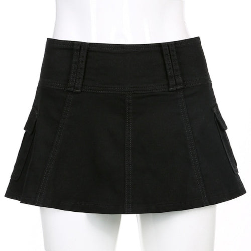 Low Waist Black Micro Skirts Streetwear Pockets Patchwork A-line Skirt-Denim Skirts-Arimonz-Arimonz