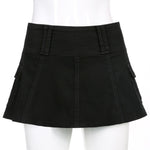 Low Waist Black Micro Skirts Streetwear Pockets Patchwork A-line Skirt-Denim Skirts-Arimonz-black-S-Arimonz