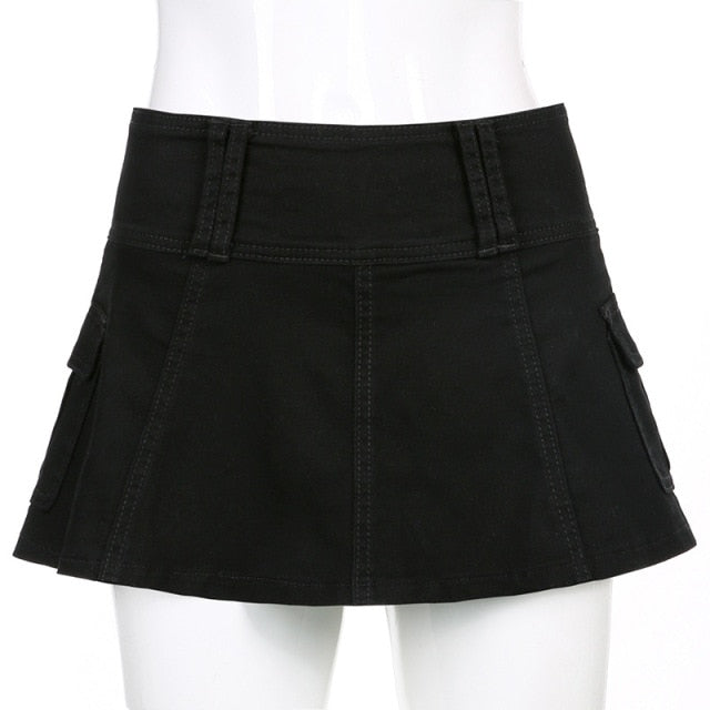 Low Waist Black Micro Skirts Streetwear Pockets Patchwork A-line Skirt-Denim Skirts-Arimonz-black-S-Arimonz