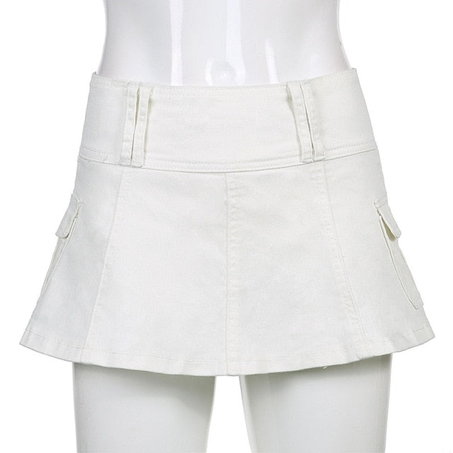 Low Waist Black Micro Skirts Streetwear Pockets Patchwork A-line Skirt-Denim Skirts-Arimonz-white-S-Arimonz