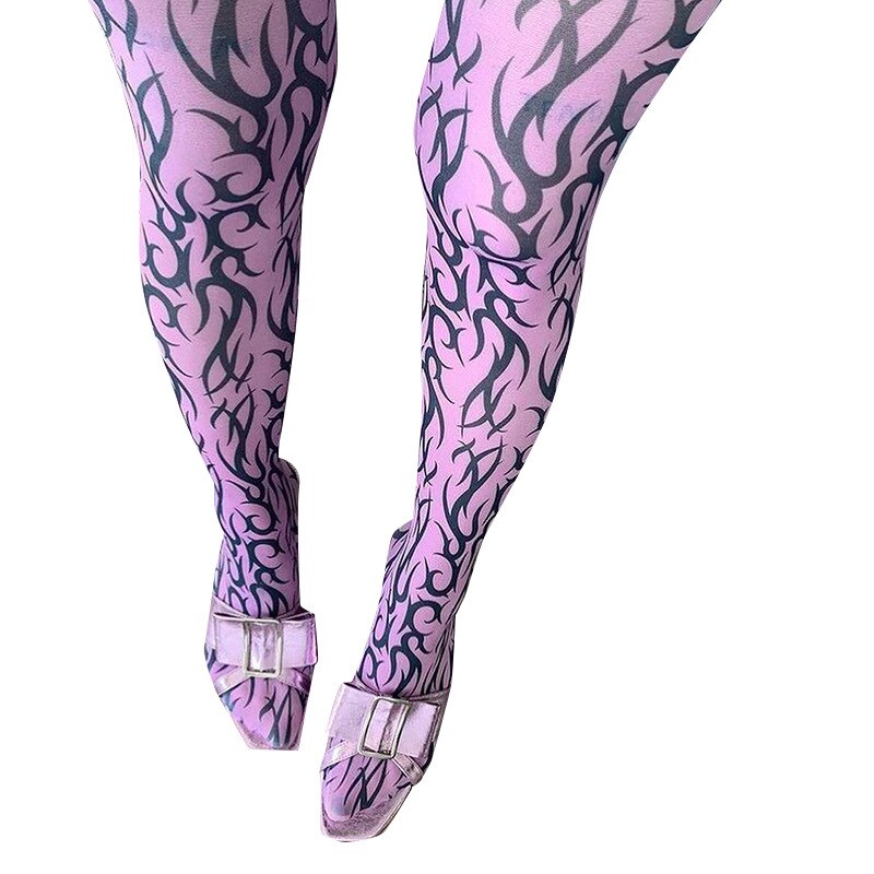 Mesh Pants Flame Print Pants Slim Long Pants High Waisted Tights-Socks & Tights-Arimonz-Arimonz