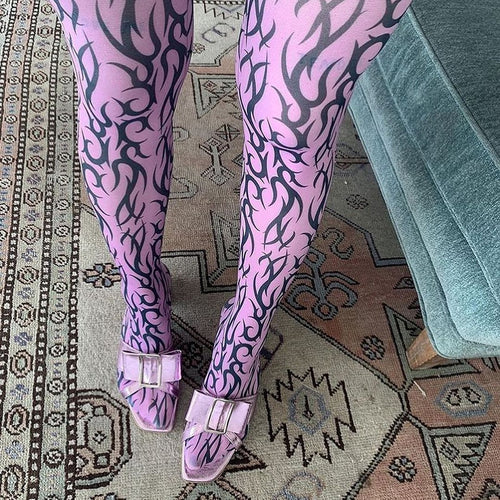 Mesh Pants Flame Print Pants Slim Long Pants High Waisted Tights-Socks & Tights-Arimonz-S-Arimonz