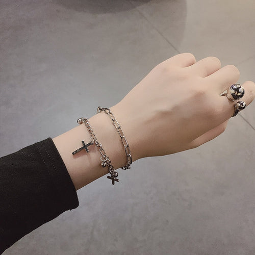Metal Cross Pendant Charm Bracelet for Women Layering Linked Chain-Braceletes-Arimonz-Arimonz