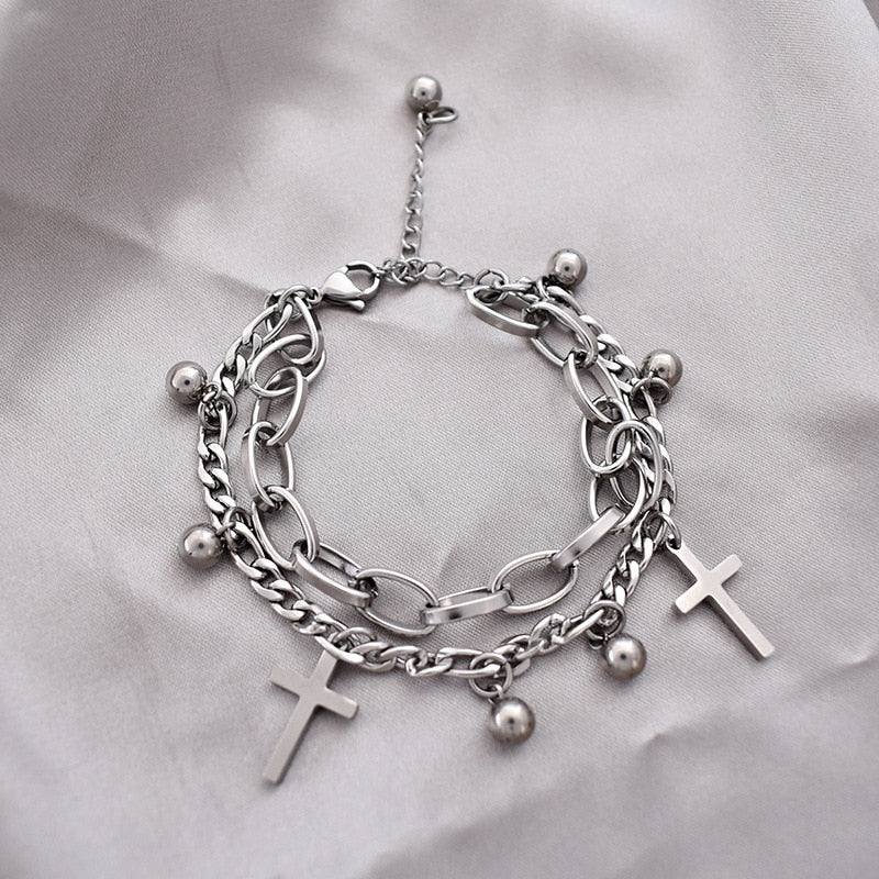 Metal Cross Pendant Charm Bracelet for Women Layering Linked Chain-Braceletes-Arimonz-Arimonz