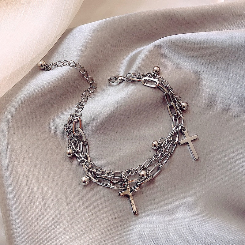 Metal Cross Pendant Charm Bracelet for Women Layering Linked Chain-Braceletes-Arimonz-Arimonz