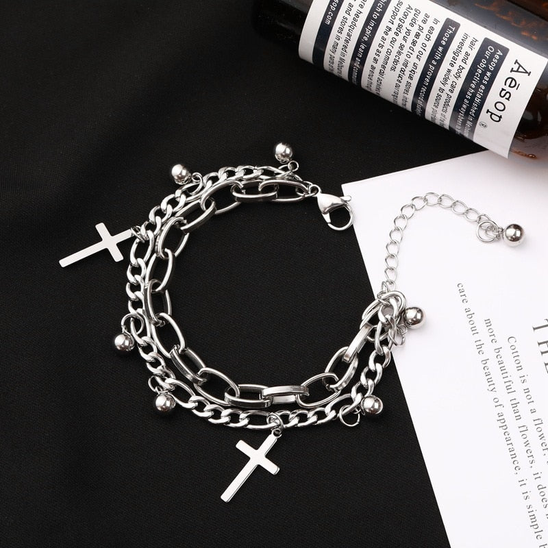 Metal Cross Pendant Charm Bracelet for Women Layering Linked Chain-Braceletes-Arimonz-Arimonz