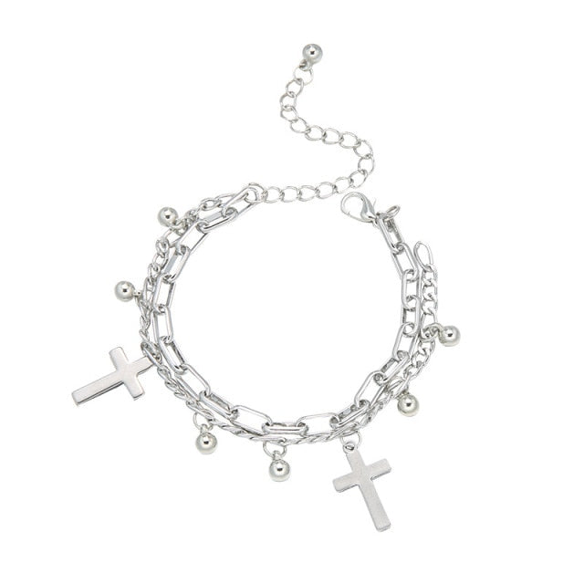 Metal Cross Pendant Charm Bracelet for Women Layering Linked Chain-Braceletes-Arimonz-Arimonz