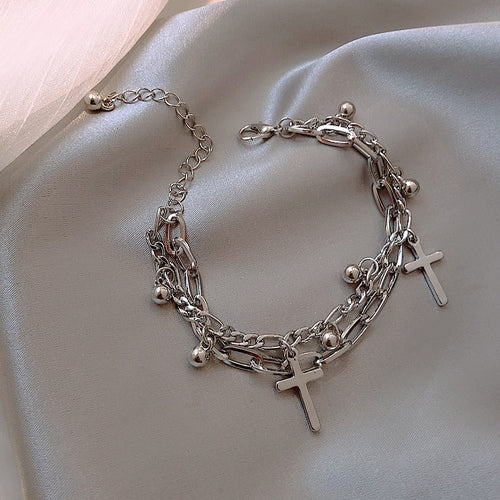 Metal Cross Pendant Charm Bracelet for Women Layering Linked Chain-Braceletes-Arimonz-Arimonz