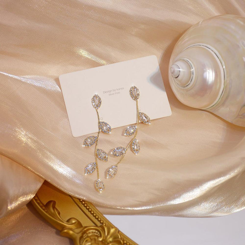 Micro Inlaid Cubic Zircon Leaves Earrings-Earrings-Arimonz-Arimonz