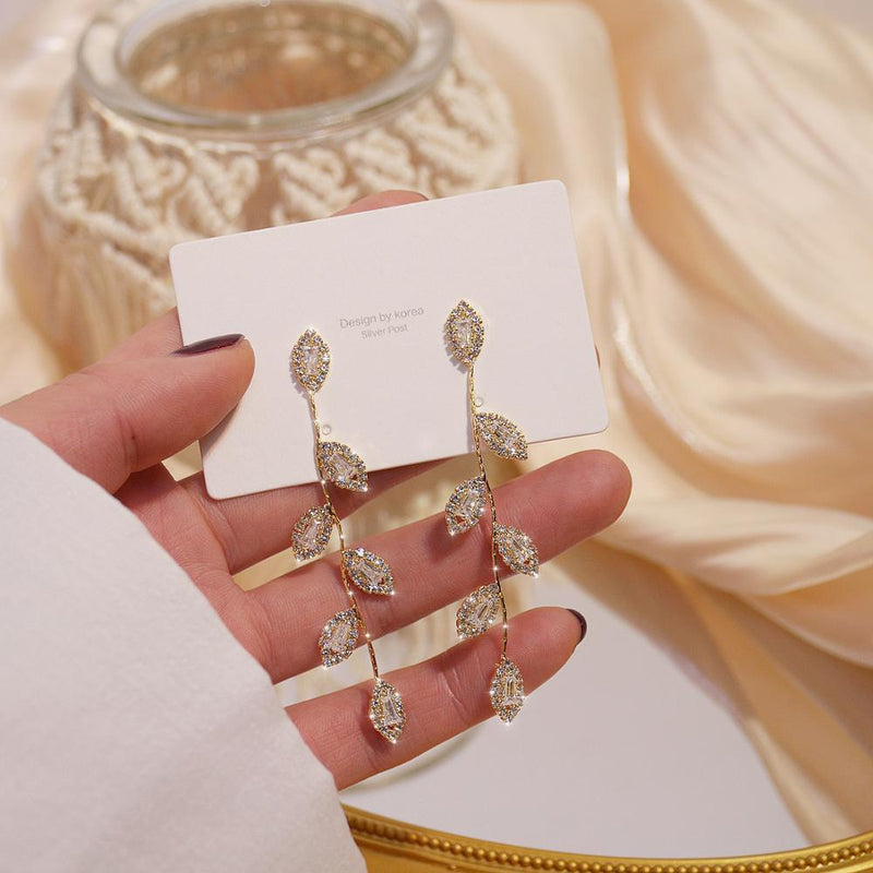 Micro Inlaid Cubic Zircon Leaves Earrings-Earrings-Arimonz-Arimonz
