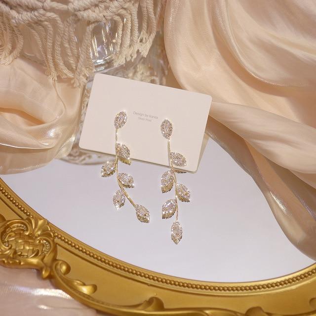 Micro Inlaid Cubic Zircon Leaves Earrings-Earrings-Arimonz-Arimonz