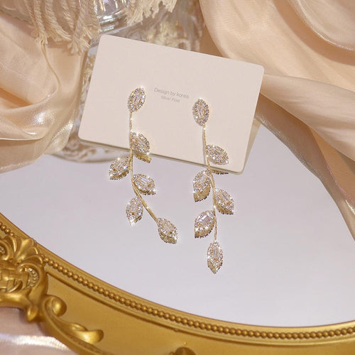Micro Inlaid Cubic Zircon Leaves Earrings-Earrings-Arimonz-Arimonz
