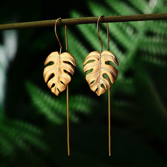 Monstera Leaves Drop Earrings for Women Creative Handmade Design Fine Earrings-Earrings-Arimonz-Gold-Arimonz
