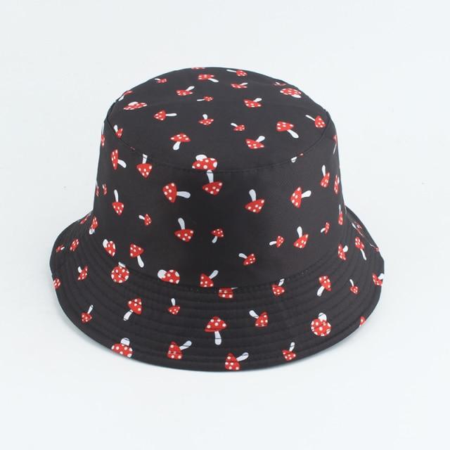 Mushroom Printed Foldable Bucket Hat Beach Sun Hats Streetwear Hat-Bucket Hats-Arimonz-mushroom black-Arimonz