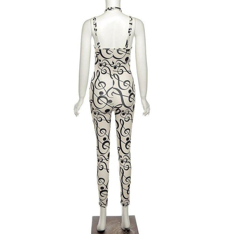 Musical Print Jumpsuit Women Halter Backless Overall One Piece Romper-Night Out Jumpsuits & Rompers-Arimonz-Arimonz