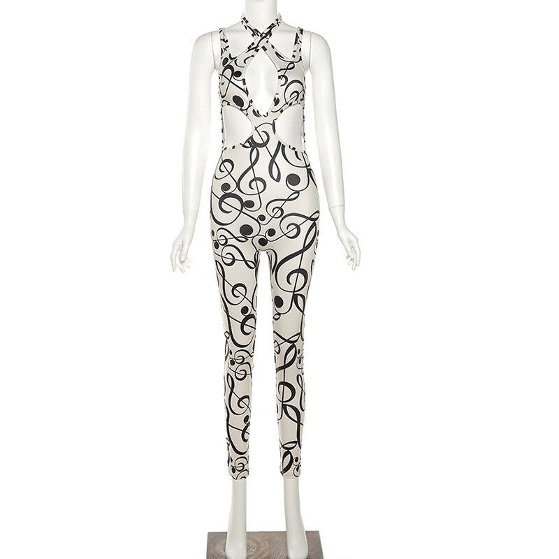 Musical Print Jumpsuit Women Halter Backless Overall One Piece Romper-Night Out Jumpsuits & Rompers-Arimonz-S-Arimonz