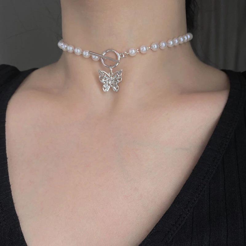 Necklaces - Butterfly Pearl Rhinestones Choker Necklace For Women Fashion Jewelry For Women