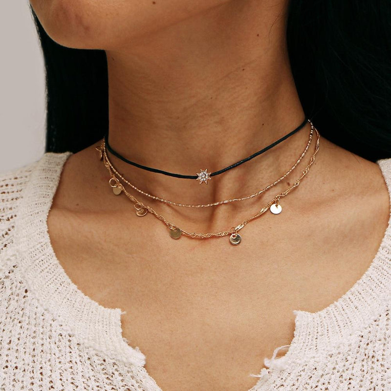 Necklaces - Multi Layer Crystal Moon Choker Necklace