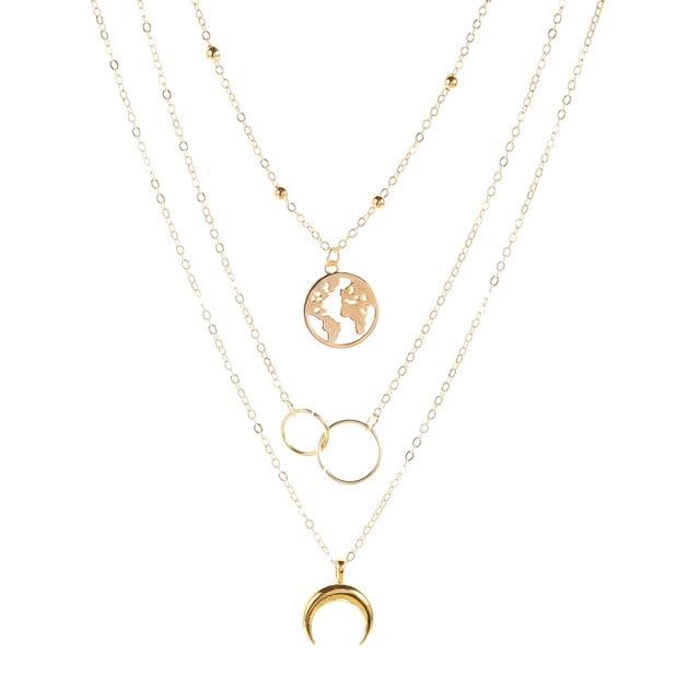 Necklaces - Retro Moon World Map Circle Pendant Multilayer Necklace For Women Charm Jewelry Accessory