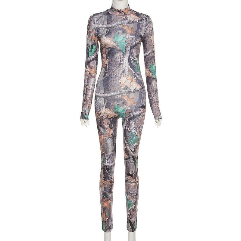 Night Out Jumpsuits & Rompers - Aesthetic Print Jumpsuit Women Zip Up Skinny Elastic Turtleneck