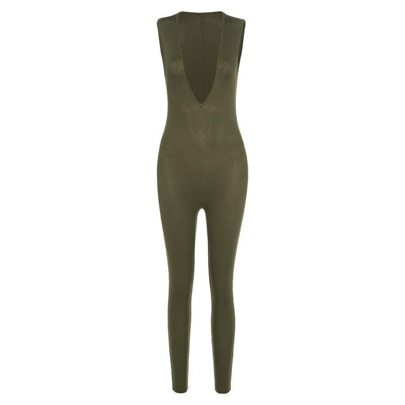 Night Out Jumpsuits & Rompers - Ribbed Sleeveless Skinny Jumpsuits Deep Women Romper Outfit