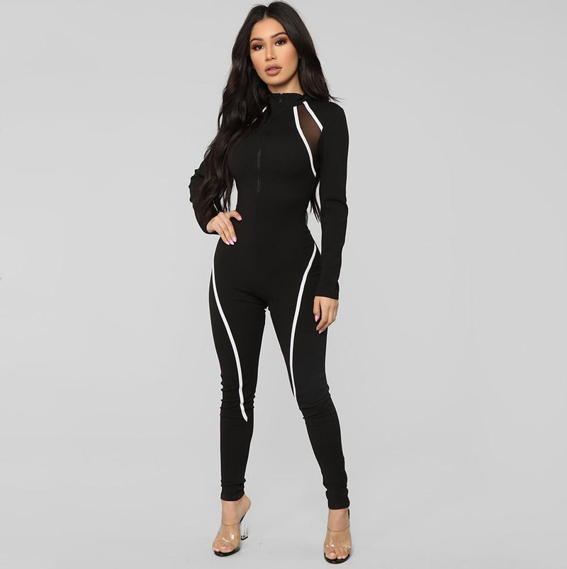 Night Out Jumpsuits & Rompers - Sporty Zipper Turtleneck Jumpsuits Women Full Sleeve Striped Rompers