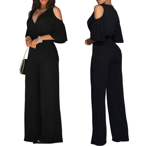 Off Shoulder Flare Sleeve Wide Leg Pants Jumpsuit Elegant Loose Romper-Casual Jumpsuits & Rompers-Arimonz-black-S-Arimonz