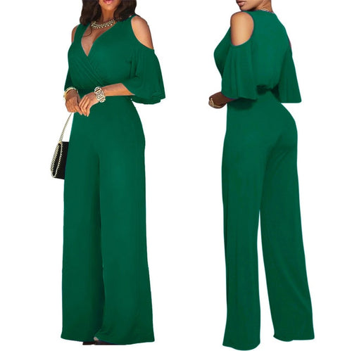 Off Shoulder Flare Sleeve Wide Leg Pants Jumpsuit Elegant Loose Romper-Casual Jumpsuits & Rompers-Arimonz-green-S-Arimonz
