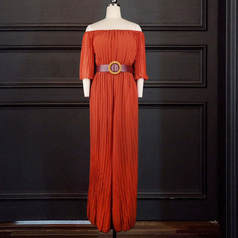 Off Shoulder Jumpsuit Loose Pleated High Waist Half Sleeve Jumpsuit-Night Out Jumpsuits & Rompers-Arimonz-Arimonz