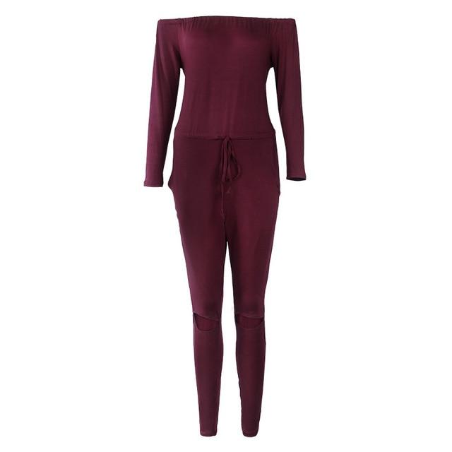 Off The Shoulder Long Sleeve Jumpsuit-Casual Jumpsuits & Rompers-Arimonz-wine red-S-Arimonz