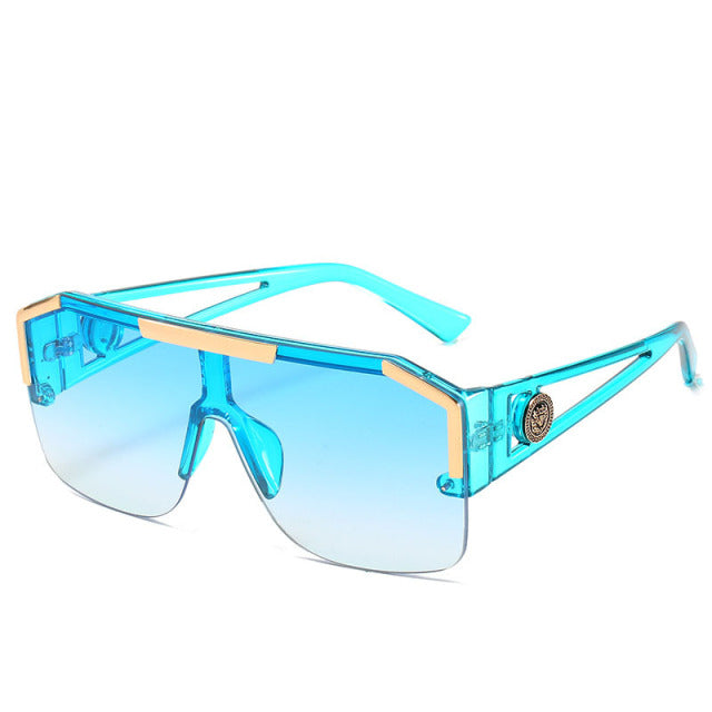 Oversized Square Vintage Metal Big Frame Semi Rimless Sun Glasses-Sunglasses-Arimonz-Blue-Arimonz