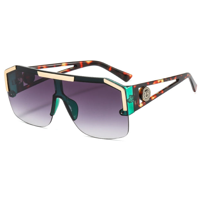 Oversized Square Vintage Metal Big Frame Semi Rimless Sun Glasses-Sunglasses-Arimonz-Leopard Gray-Arimonz